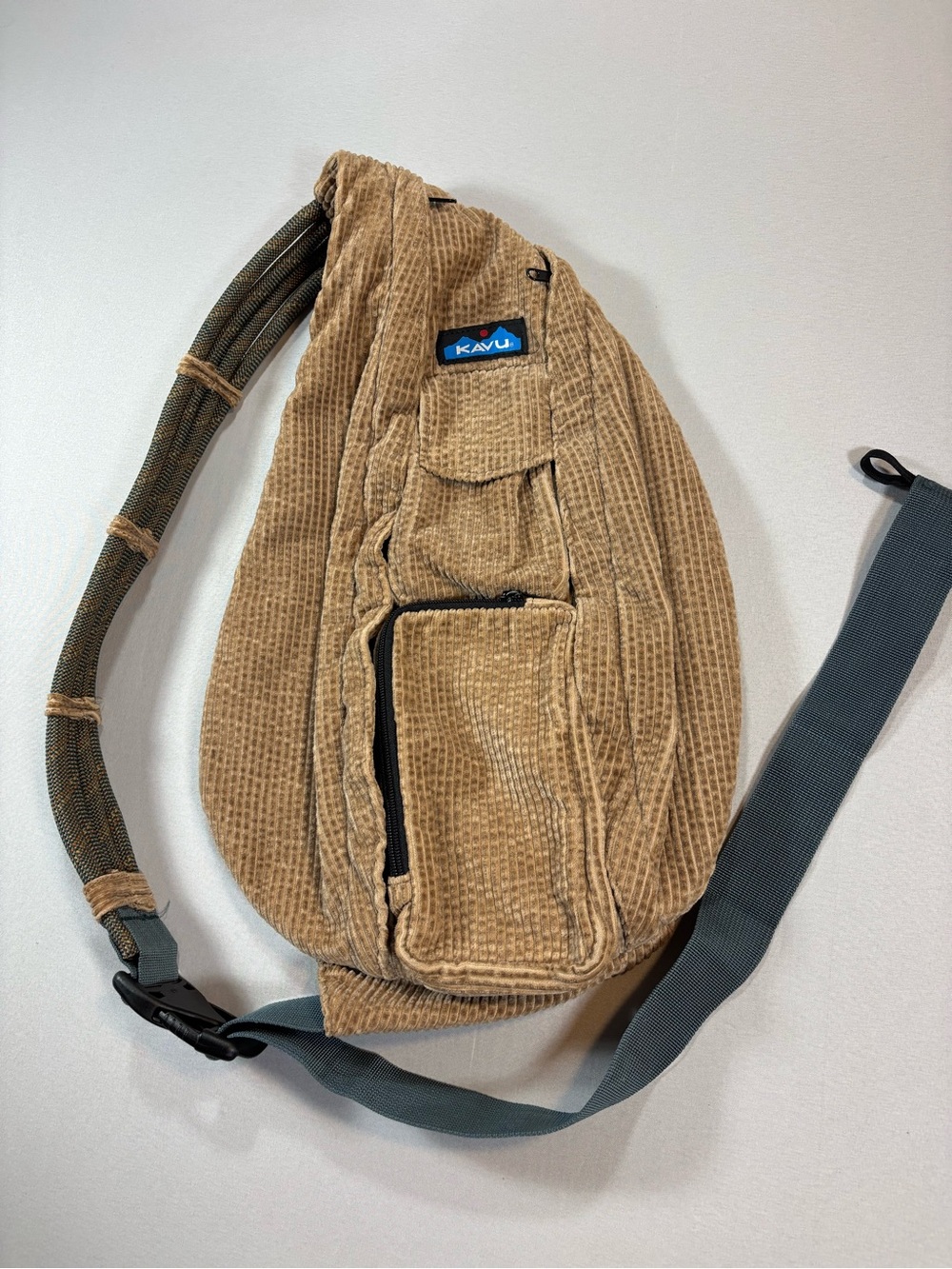 Kavu Tan Corduroy Sling Crossbody Bag with Rope Strap
